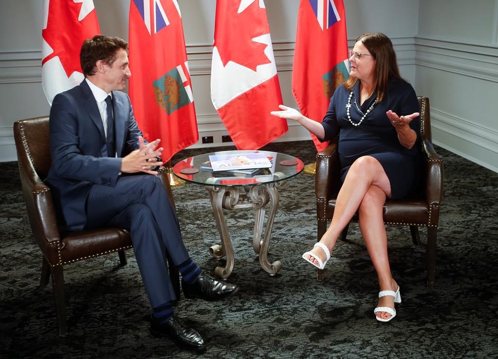 Prime Minister Justin Trudeau meets with Manitoba Premier Heather Stefanson at the Hotel Fort Garry in Winnipeg on Sept. 1, 2022. Trudeau spent the day in Winnipeg. 
