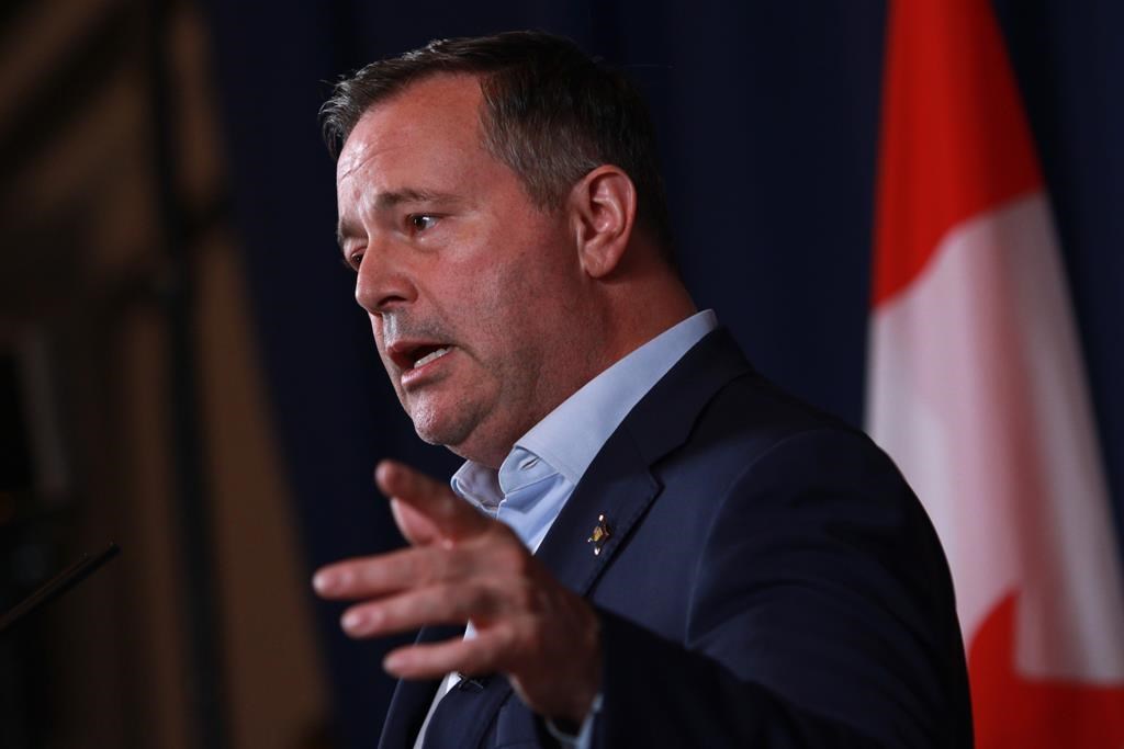 Alberta Premier Jason Kenney answers questions during a press conference in Victoria on July 12, 2022. He said Tuesday that his party was founded on a strong Alberta within Confederation and he won’t sit idly by while a “risky, dangerous, half-baked,” “banana republic” plan for more provincial independence is floated by one of the candidates vying to replace him. 