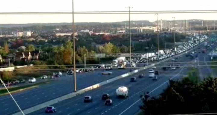 Traffic backlog following fatal collision in Highway 400 southbound near Rutherford Road on Sept. 30, 2022.