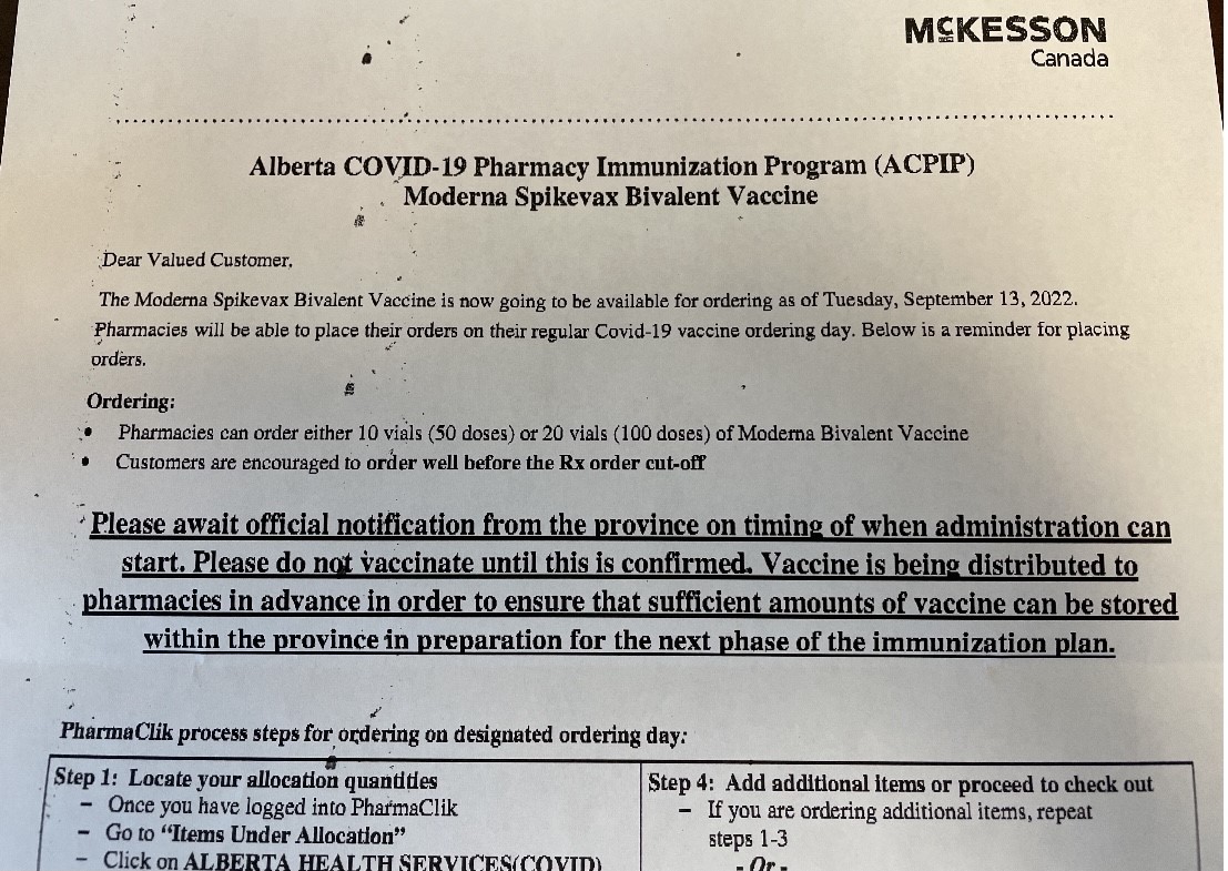 A memo sent to Alberta pharmacies from supplier McKesson announcing orders for doses of Moderna's bivalent vaccine opened on Tuesday, Sept. 13, 2022.