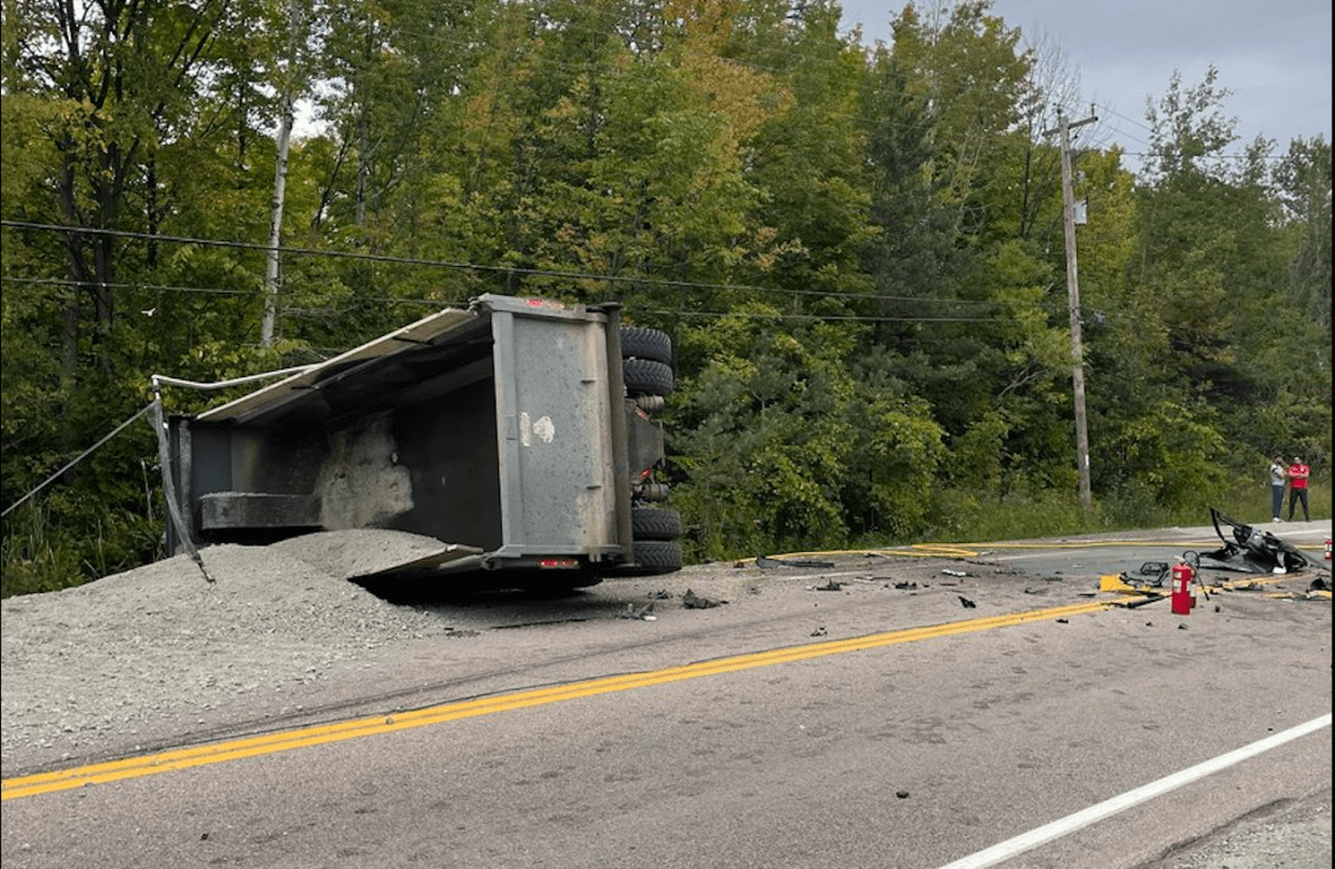 Highway 12 closed both directions between Gratrix Road and Fraser Road in Tay Township for serious pick up vs dump truck crash. 