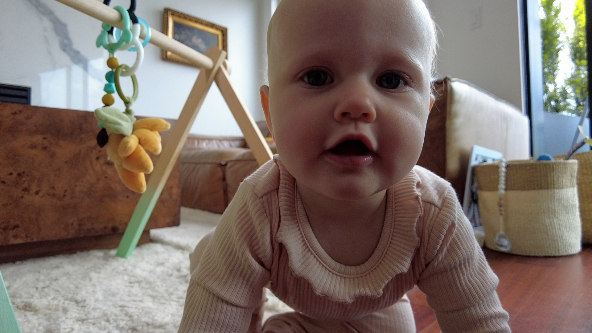 A baby crawls towards the camera