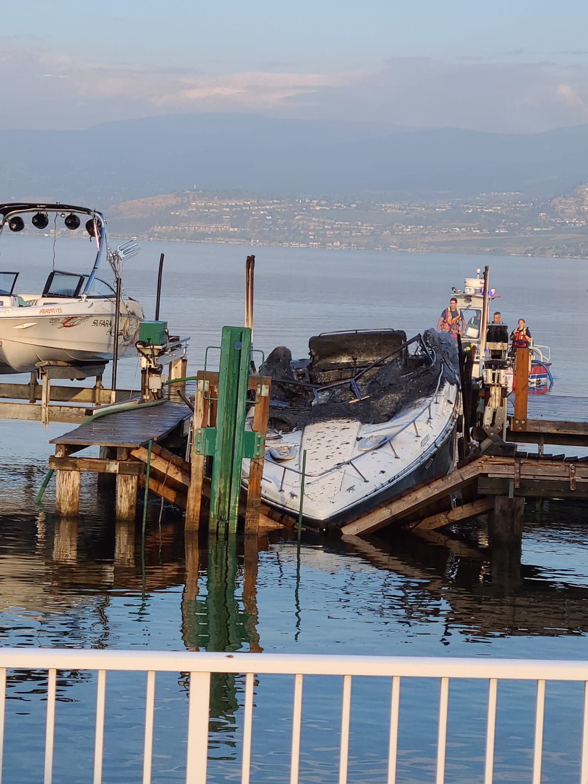 Kelowna Fire department suspects that the fact that the motor or something linked to the motor was running all night and given that it's a water-cooled engine, and the boat was out of the water, the mechanics overheated and caused the fire. 