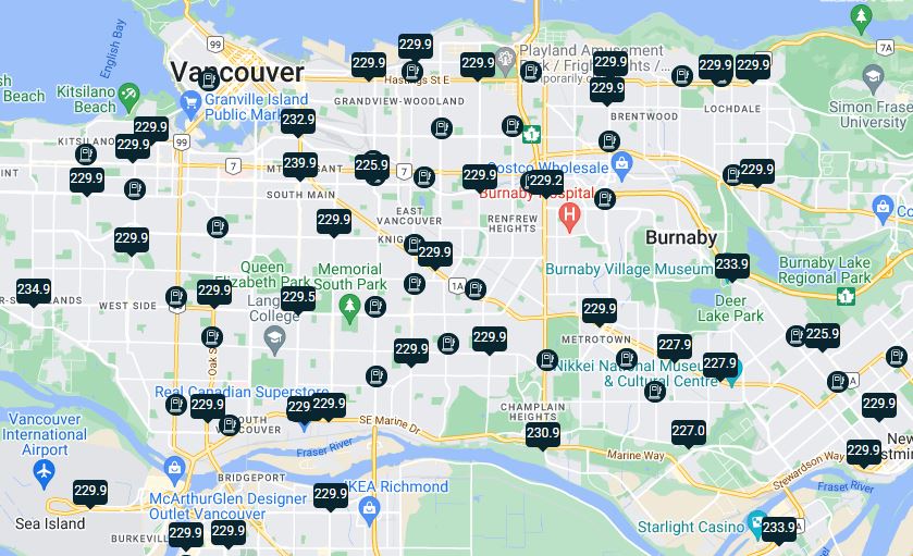 A GasBuddy map that shows gas prices around Vancouver as off 7 a.m. on Thursday.