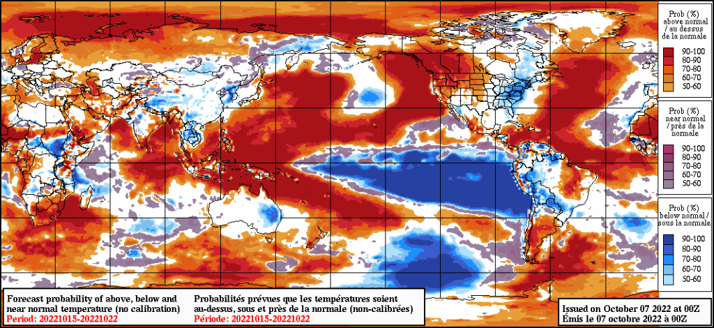 Environment Canada’s temperature anomaly forecasts predict warm waters in the Pacific Ocean off the coast of B.C. well past the middle of October.