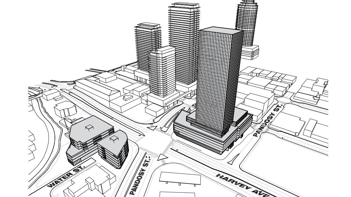 A drawing showing a 40-storey tower along Harvey Avenue in downtown Kelowna, and a six-storey building across the road.