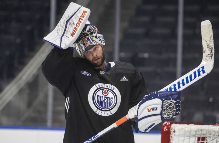 Goalie Jack Campbell (36) takes a break during the Edmonton Oilers training camp in Edmonton, Thursday, Sept. 22, 2022.