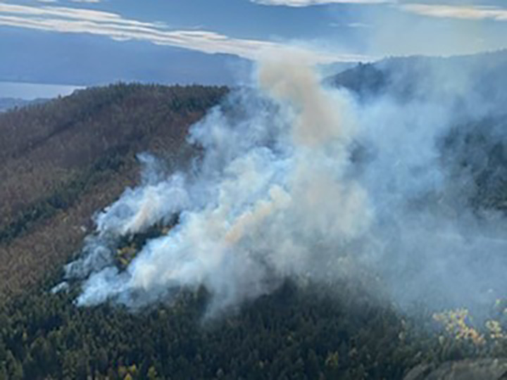 Smoke rises from the McDougall Creek wildfire, which is burning around five km north of West Kelowna.