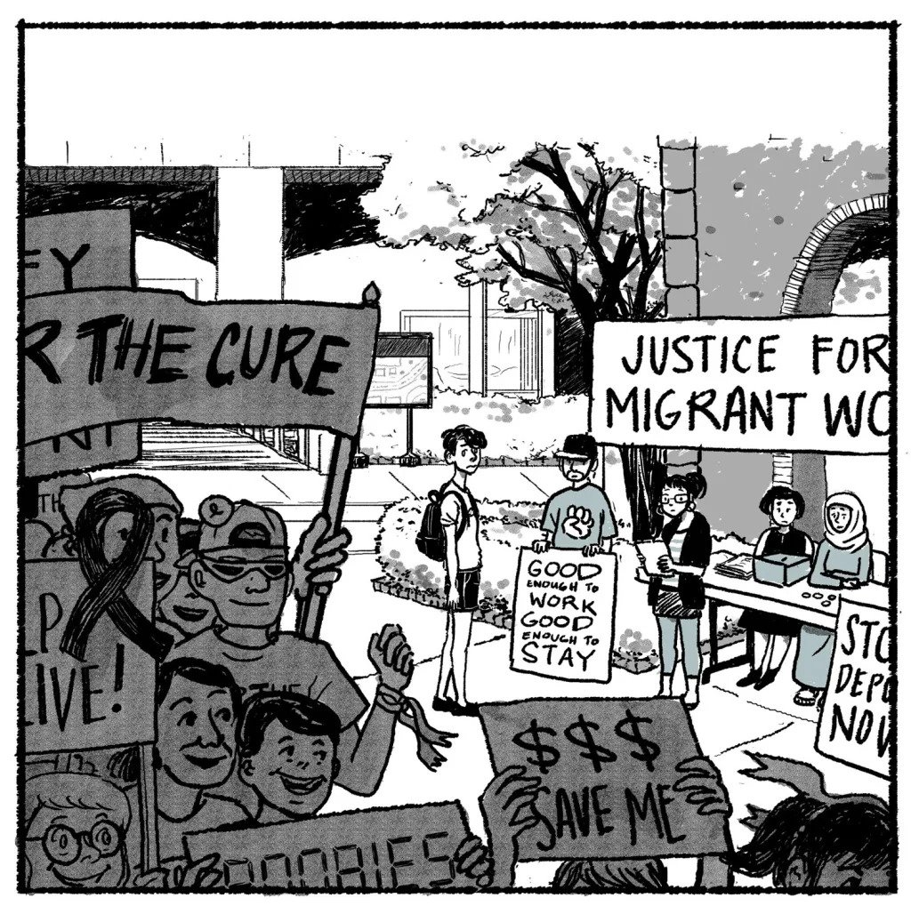 This excerpt from Kimiko Does Cancer shows a large march in support of a cancer cure while a stand about migrant justice goes largely ignored.