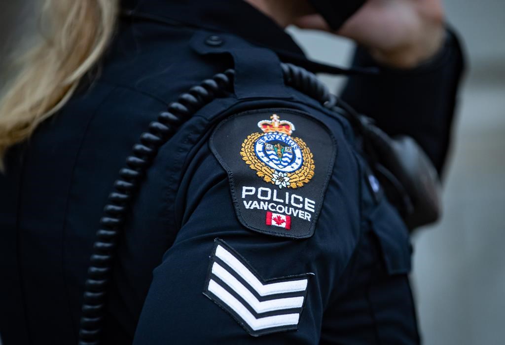 A Vancouver Police Department patch is seen on an officer's uniform in Vancouver, on Saturday, Jan. 9, 2021. 