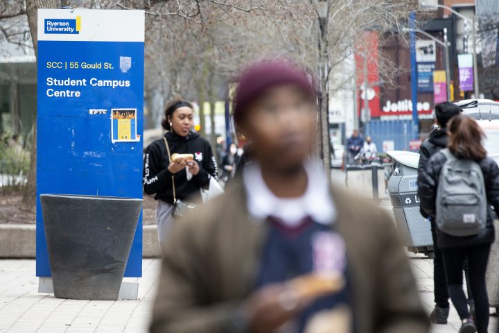 Signage remains at a university campus building in Toronto on Tuesday, April 26, 2022. The board of governors of the Toronto university announced that Ryerson University will change its name to Toronto Metropolitan University.