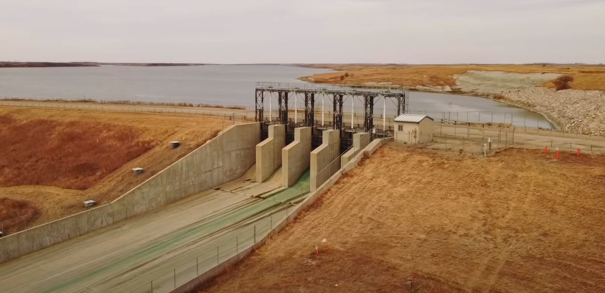 Aerial view of the Rafferty Dam near Estevan, Saskatchewan.