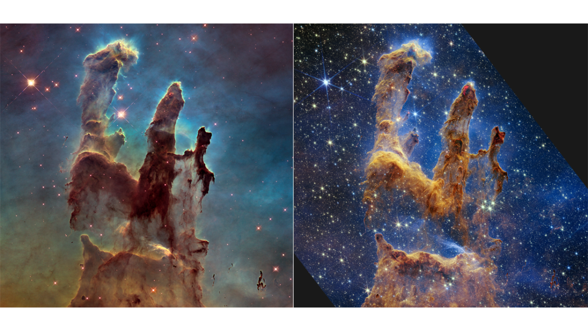 Pillars of Creation. Taken by the Hubble Telescope (L) and James Webb Telescope (R).