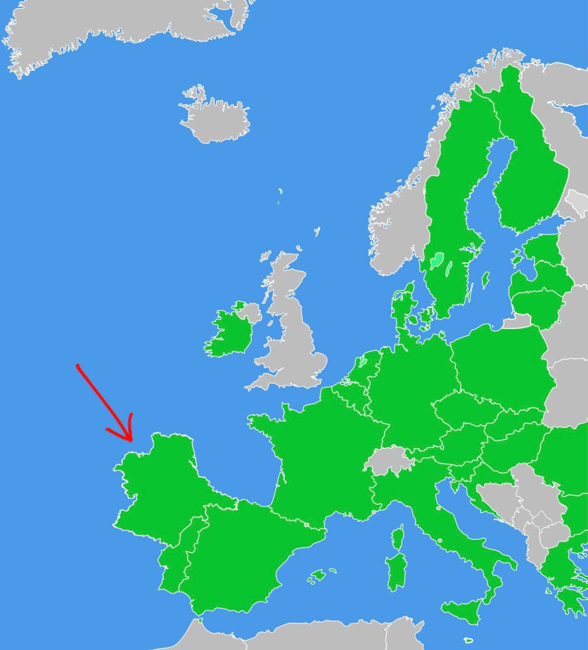 A photoshopped map of Europe showing the fictional country of Listenbourg, identified by a red arrow.