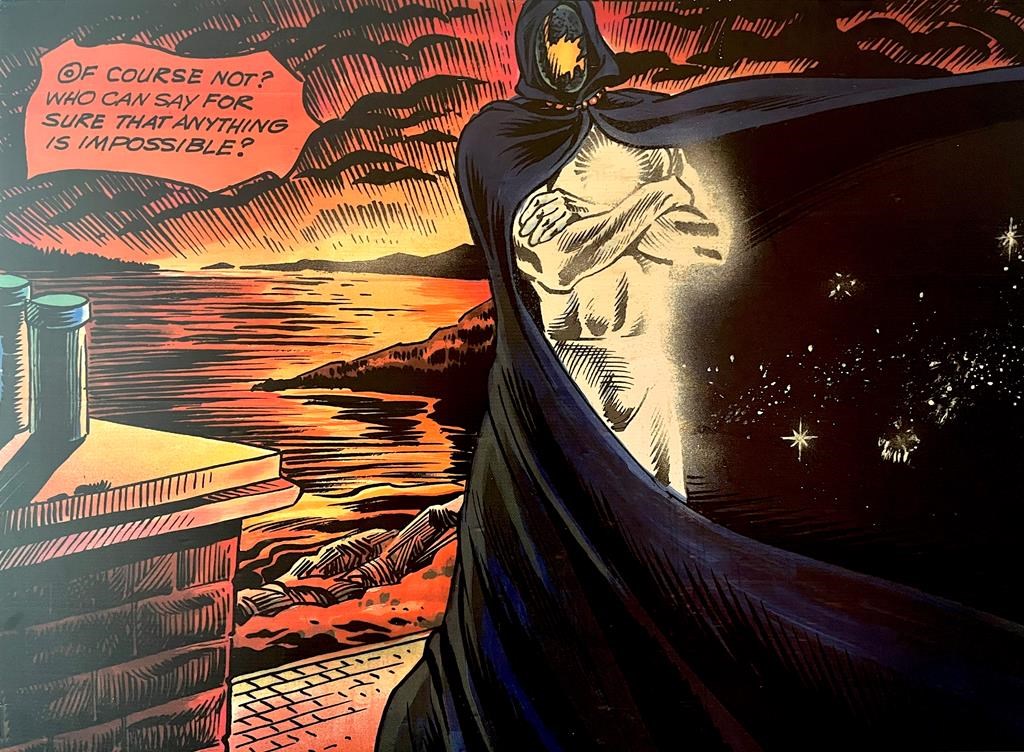 The character Captain Newfoundland is seen in a photograph of a frame from a comic published in the Newfoundland Herald magazine, in St. John's, Friday, Dec. 16, 2022. Captain Newfoundland was the province’s very own superhero, first brought to life by Marvel Comics artist Danny Bulanadi more than 40 years ago. THE CANADIAN PRESS/Sarah Smellie.