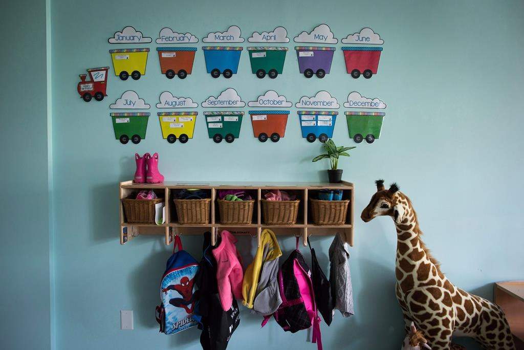 Children's backpacks and shoes are seen at a daycare franchise, in Langley, B.C., on May 29, 2018. British Columbia's health ministry says the most popular baby name in the province this year is Noah, replacing Olivia which topped the name list last year.