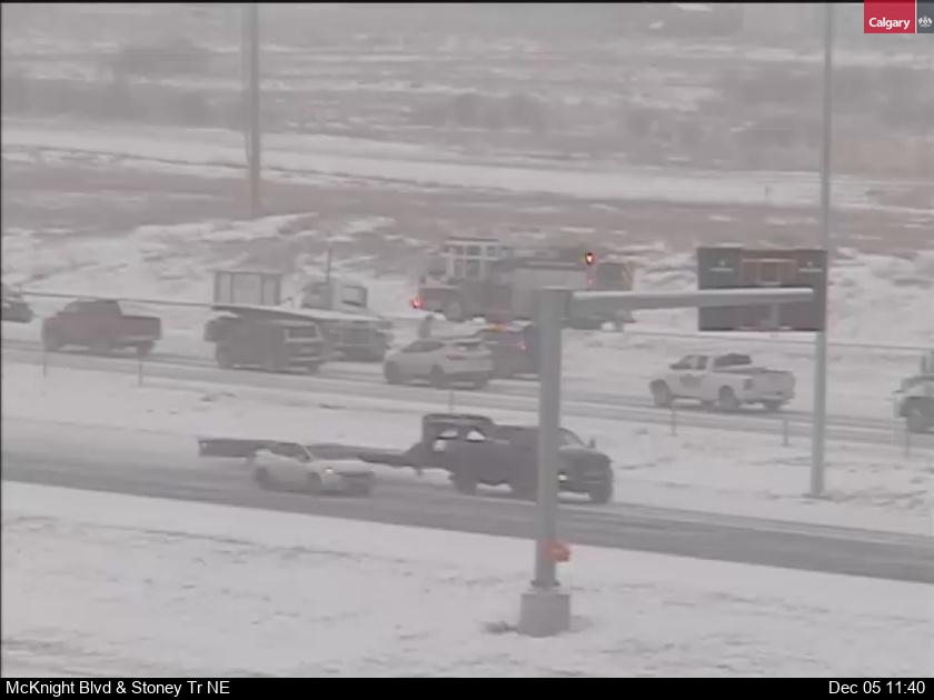 Emergency responders attend a multi-vehicle collision on Calgary's Stoney Trail N.E. on Dec. 5, 2022.