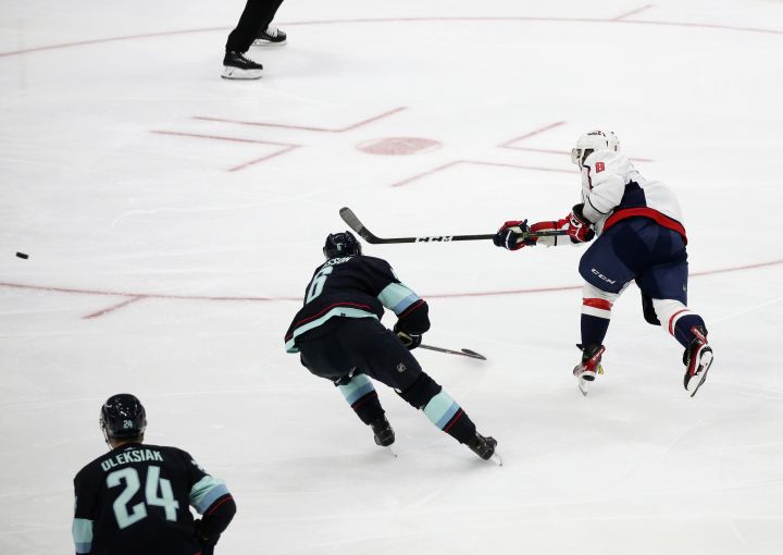 Washington Capitals left wing Alex Ovechkin (8) scores a goal against the Seattle Kraken during the third period of an NHL hockey game, Sunday, Nov. 21, 2021, in Seattle. The Seattle Kraken beat the Washington Capitals 5-2.