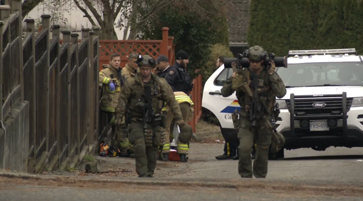 Emergency Response Team members at the scene of a police incident in Burnaby. 