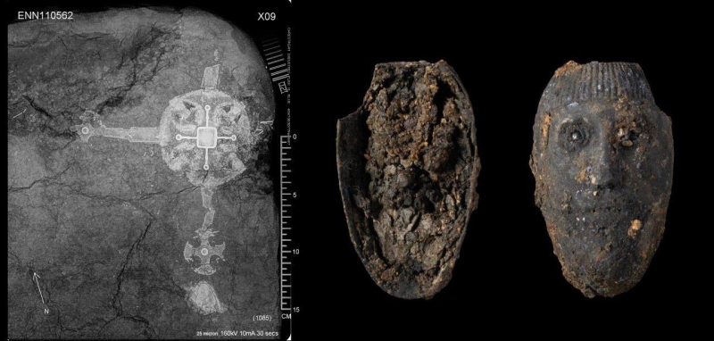 X-ray of a large ornate cross found as part of the Harpole Treasure.