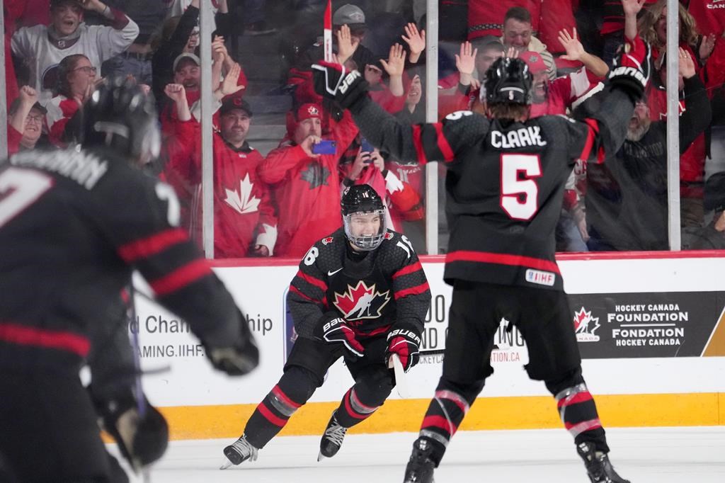 Canada’s Connor Bedard, centre, reacts after scoring the game-winning goal in overtime of IIHF World Junior Hockey Championship quarterfinal action against Slovakia in Halifax, Monday, Jan. 2, 2023. THE CANADIAN PRESS/Darren Calabrese