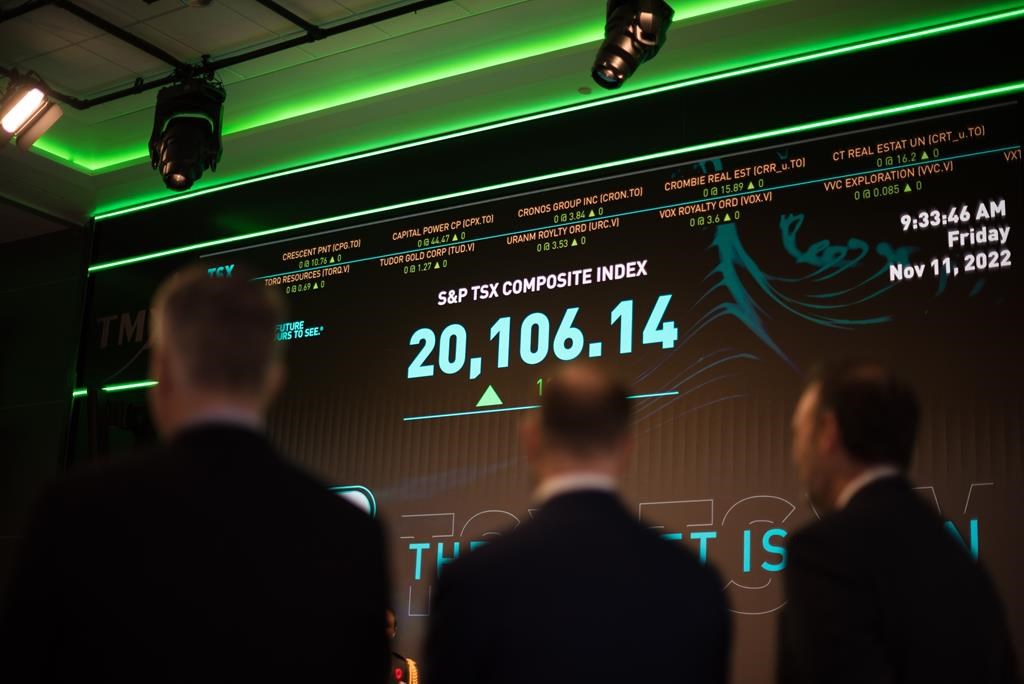 The S&P TSX composite index screen at the TMX Market Centre in downtown Toronto is photographed on Friday, November 11, 2022. 