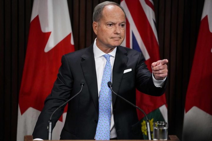Ontario Finance Minister Peter Bethlenfalvy speaks to the media following the Speech from the Throne at Queen's Park in Toronto, on Tuesday, August 9, 2022. Ontario is asking residents for their input on the upcoming budget, and questions in a survey posted today indicate major themes will be health-care staffing, transportation, jobs and the cost of living. 