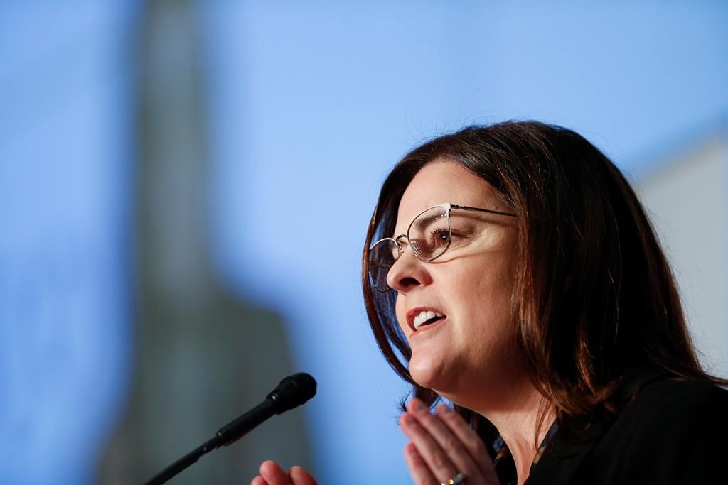 Manitoba Premier Heather Stefanson delivers her annual state of the province speech, at the convention centre in Winnipeg, Thursday, Dec. 8, 2022. 