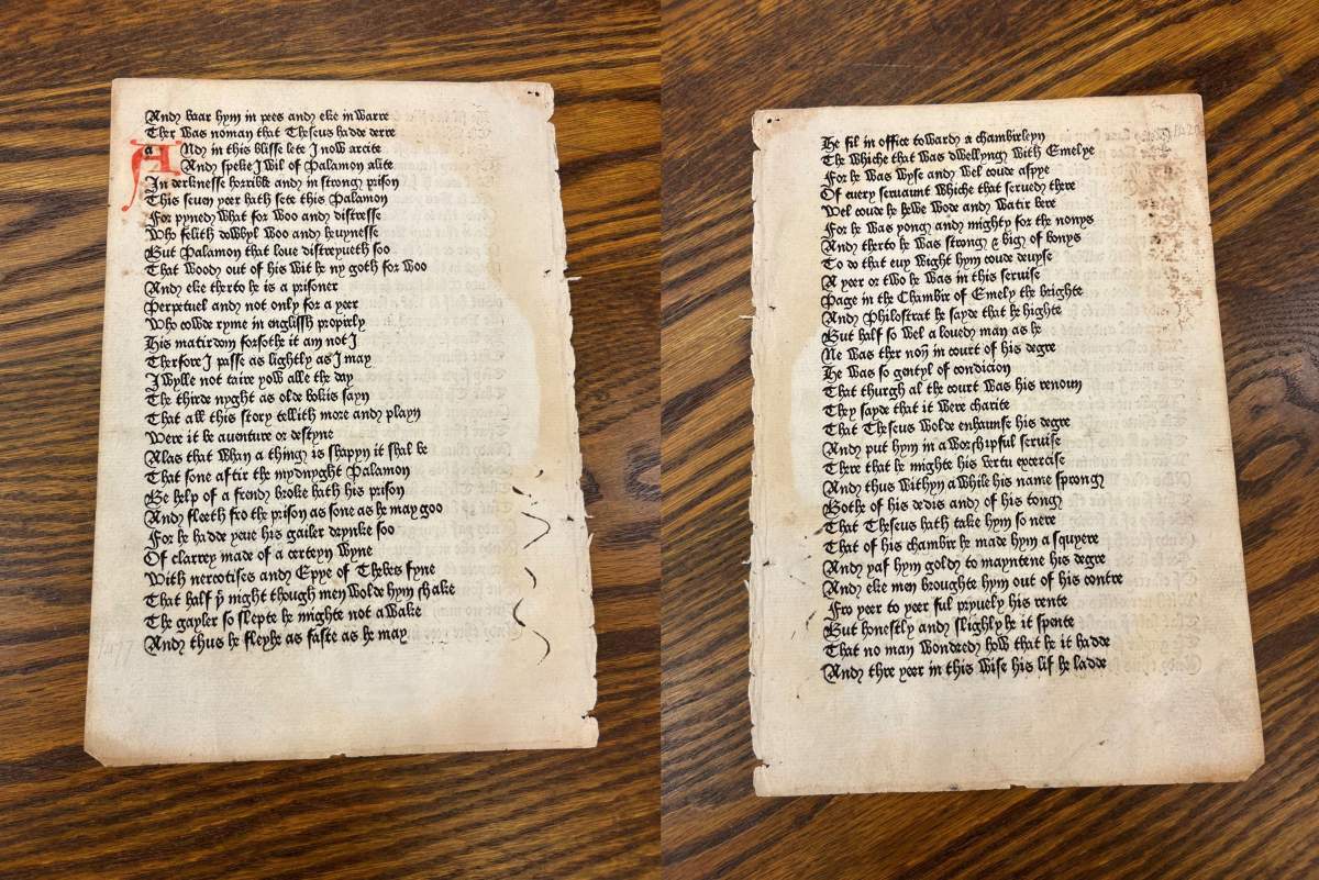 The leaf acquired by Western University comes from a first edition copy of Chaucer's The Canterbury Tales, printed by William Caxton in 1476, the first book printed in England.