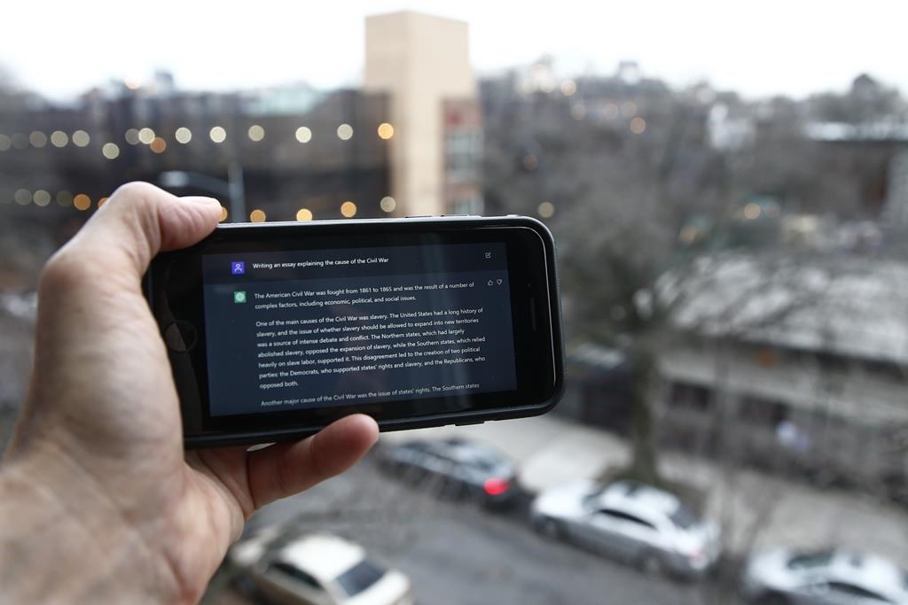 A ChatGPT prompt is shown on a device near a public school in Brooklyn, New York, on Jan. 5.