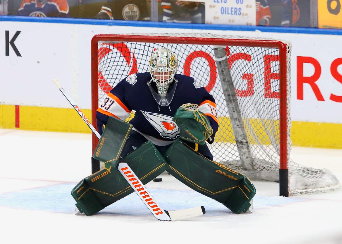 Edmonton Oilers emergency backup goalie Matt Berlin warms up prior to the game against the Chicago Black Hawks at Rogers Place in Edmonton, Alta on January 28, 2023.