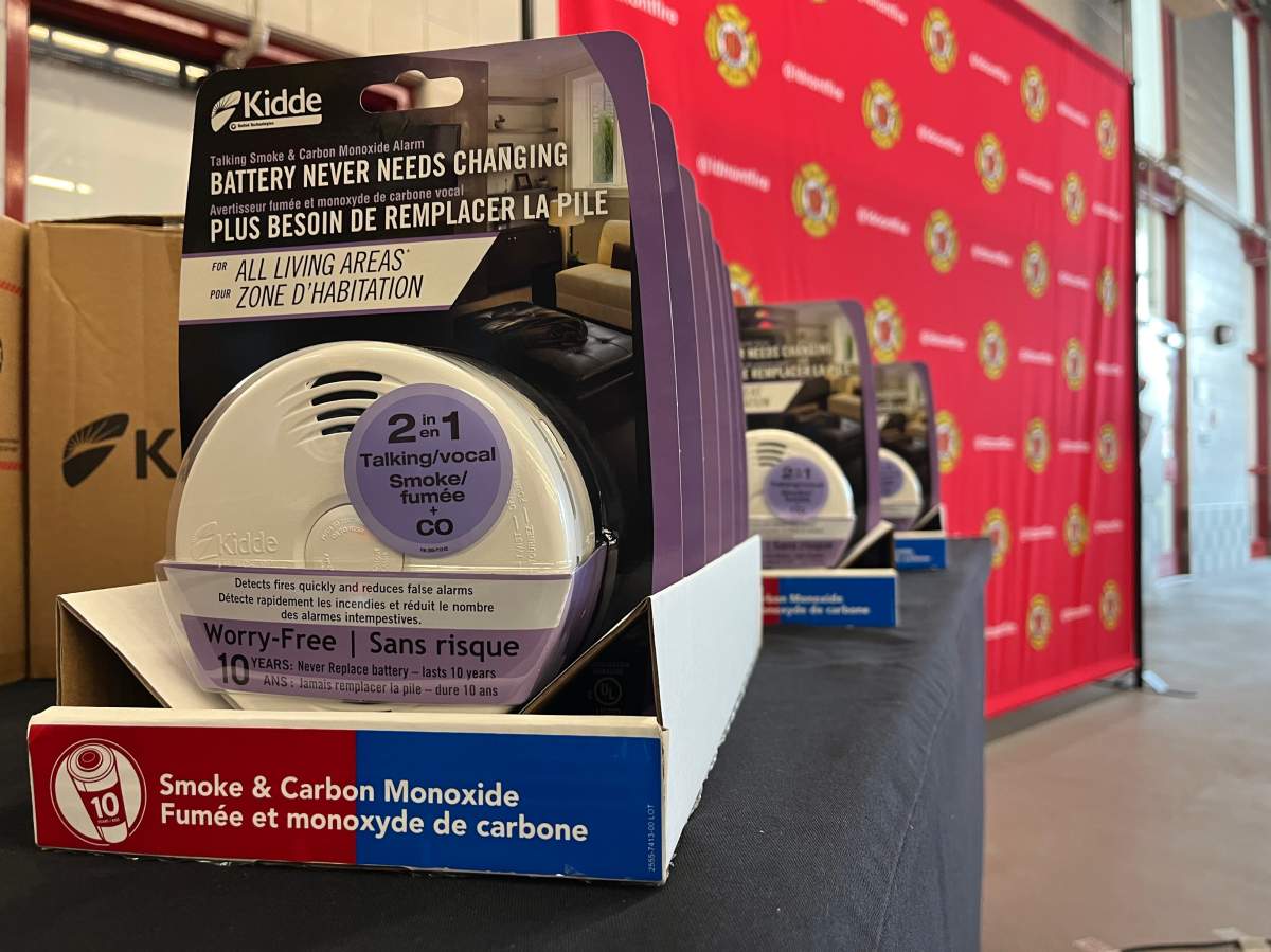 Some of the 600 combination smoke and fire alarms that were donated to the London Fire Department by Enbridge Gas on Wednesday.