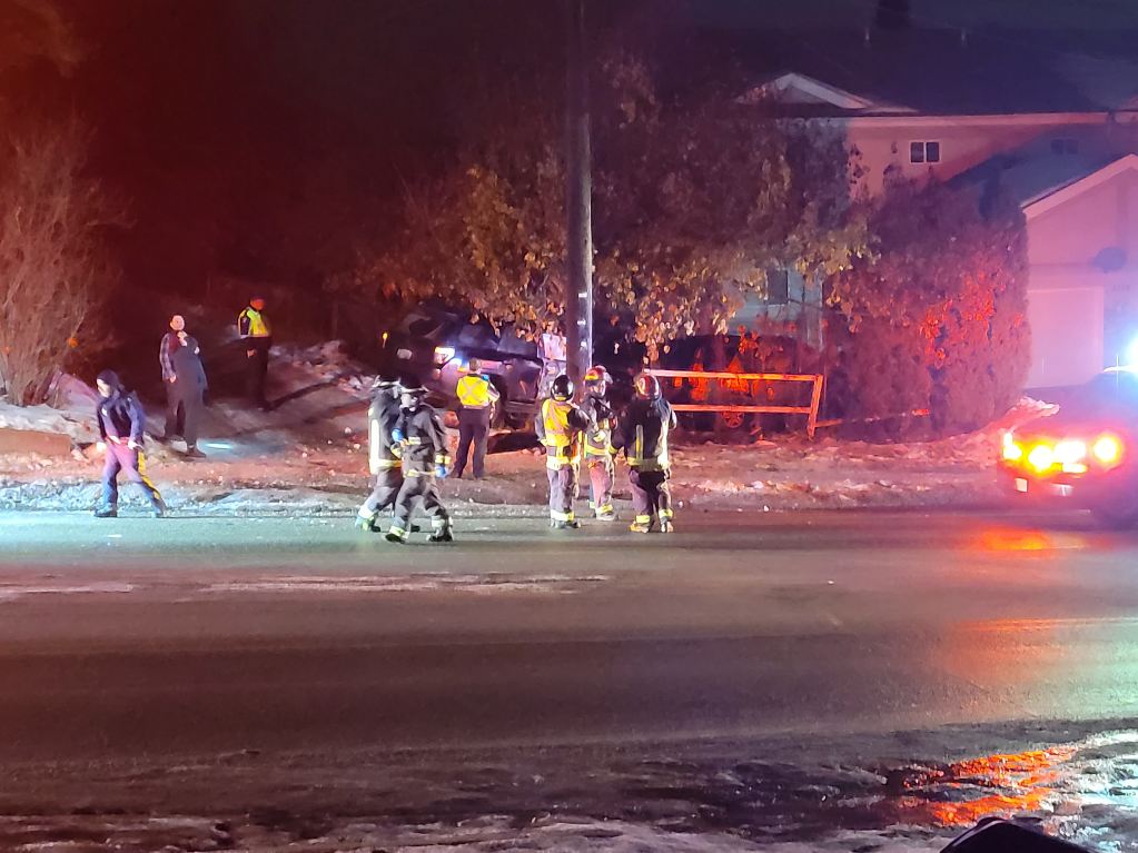First responders attend a single-vehicle crash that caused a major power outage in Vernon, B.C.
