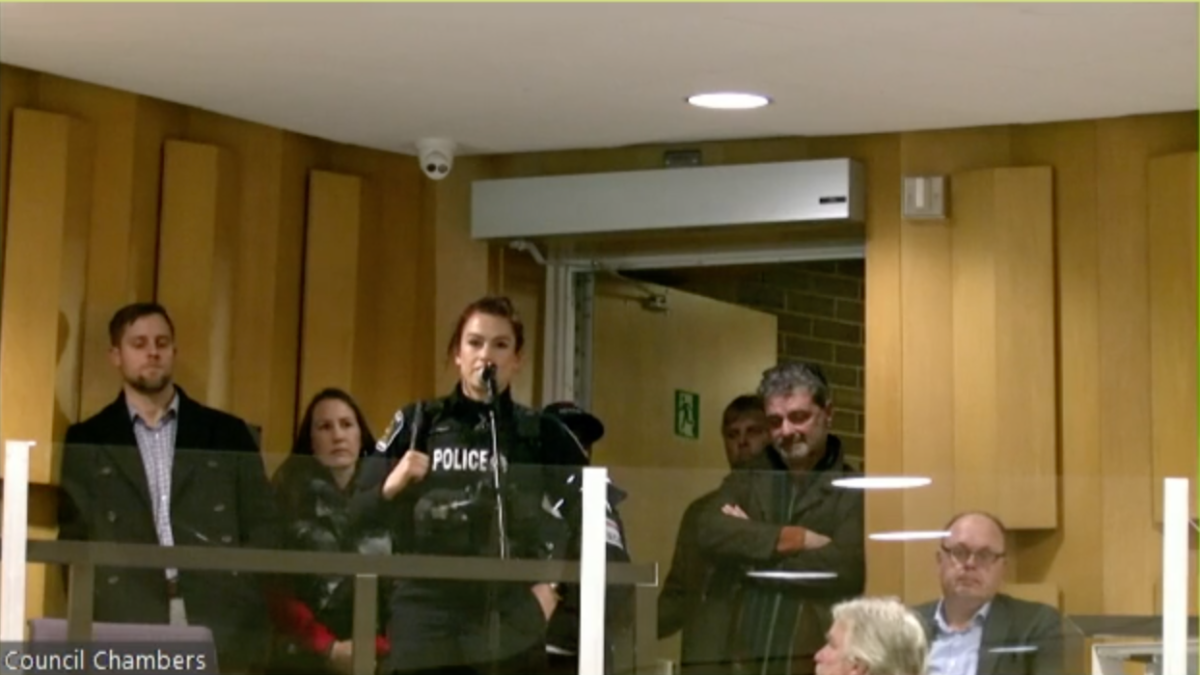 London Police Service officer Holly Kelly addresses city council's Planning and Environment Committee during a public participation meeting on Monday.