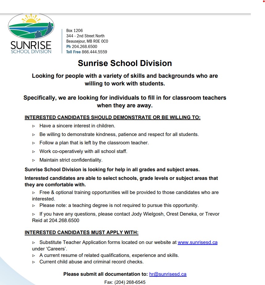 Photo of the Sunrise School Division job posting.