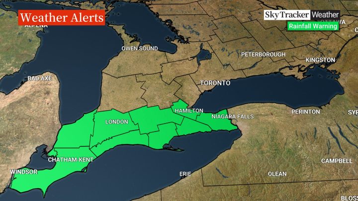 Rainfall warnings are in place for areas stretching from Windsor to the Niagara Region.