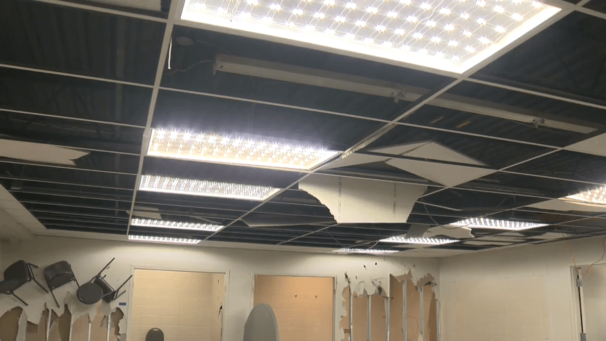 Ceiling tiles ripped out at the Riverbend Community League's Brookside Hall (5320 - 143 St.) on Jan. 1. 2023.