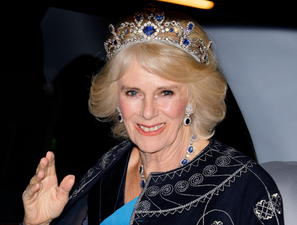 Camilla, Queen Consort, arrives at the annual Reception for Members of the Diplomatic Corps at Buckingham Palace on December 6, 2022 in London, England.
