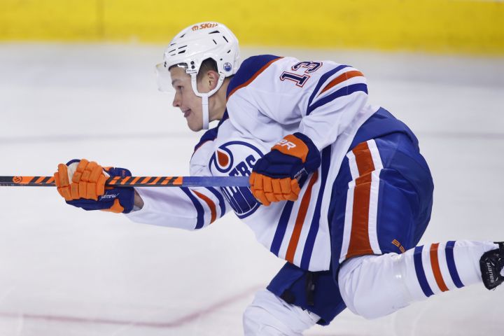 NHL profile photo on Edmonton Oilers player Jesse Puljujarvi, from Sweden, during a game against the Calgary Flames in Calgary, Alta., on Oct. 29, 2022.