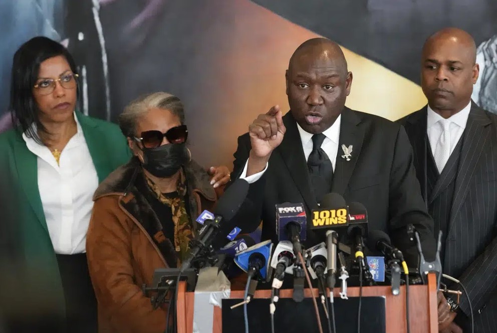 Attorney Ben Crump, speaks during a news conference at the Malcolm X & Dr. Betty Shabazz Memorial and Educational Center in New York, accompanied by the daughters of Malcom X, Ilyasah Shabazz, left, and Qubilah Shabbaz, second from left, and attorney Ray Hamlin, right, on Tuesday, Feb. 21, 2023.