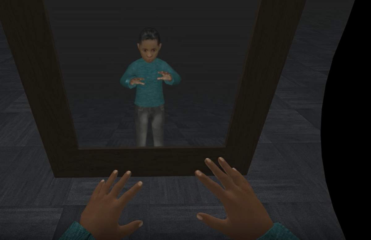The perspective of Michael Sterling as a child looking into the mirror in the VR experience "1000 Cut Journey."