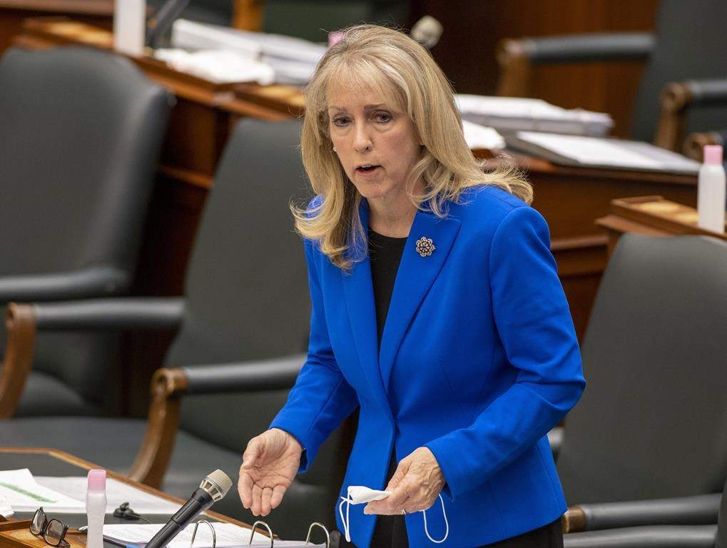Ontario Long Term Care Minister Merrilee Fullerton answers questions at Queen’s Park in Toronto on Wednesday, May 5, 2021. The Ontario Autism Coalition says families are having a difficult time accessing consistent, reliable and transparent information about services and it doesn't help that the minister in charge has "ghosted" them. THE CANADIAN PRESS/Frank Gunn.