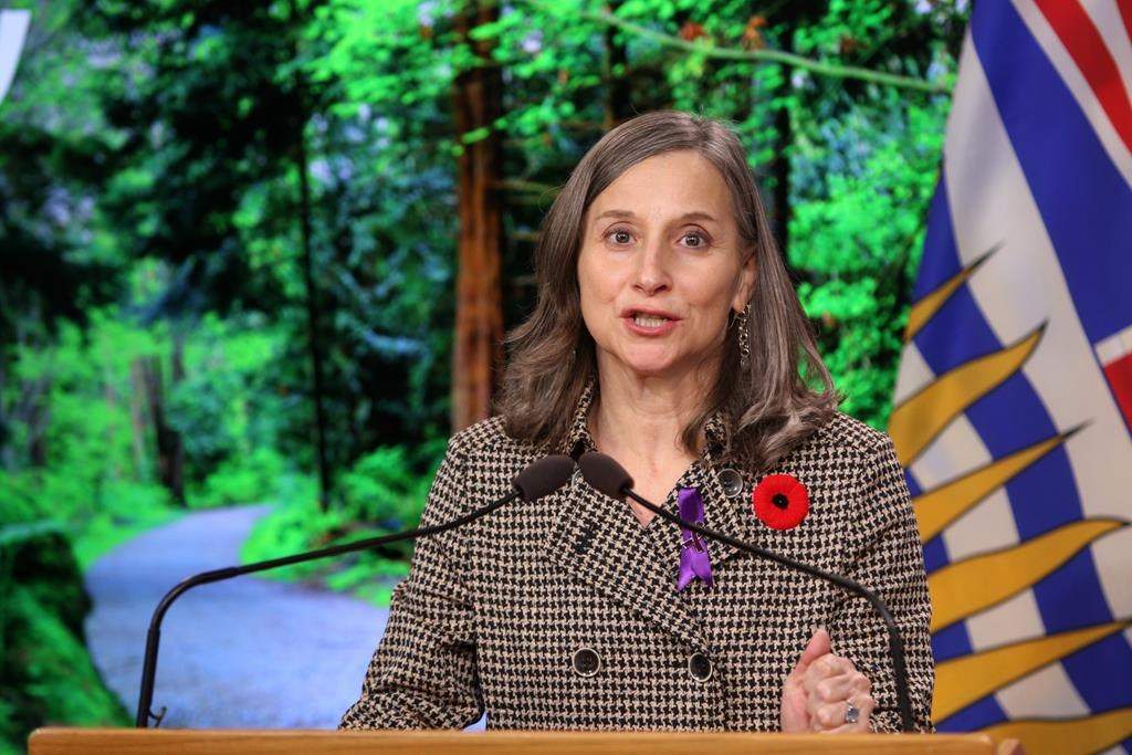 B.C. chief coroner Lisa Lapointe speaks during a press conference at the Legislature in Victoria, Monday, Nov. 1, 2021. The overdose death toll has surpassed 200 for another month in British Columbia. THE CANADIAN PRESS/Chad Hipolito.
