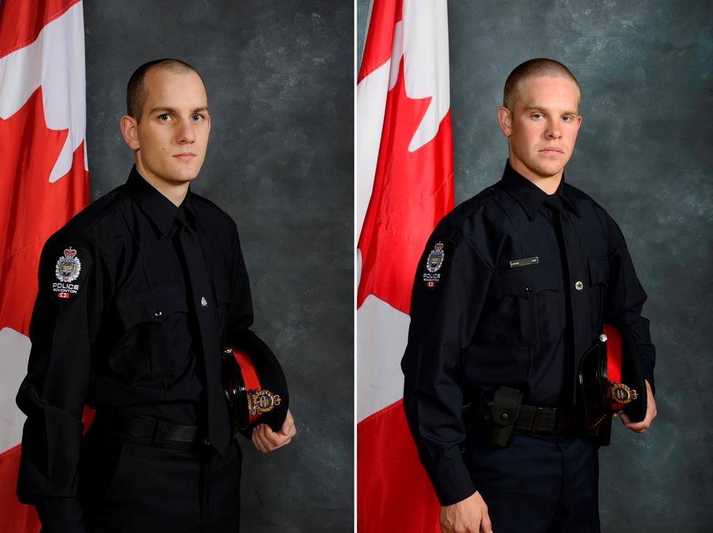 Edmonton police Const. Travis Jordan, left, and Const. Brett Ryan are seen in a composite image made from two undated handout photos. Jordan, 35, an eight-and-a-half-year veteran with the Edmonton force, and Ryan, 30, who had been with the service for five and a half years, were shot and killed responding to a domestic violence call.