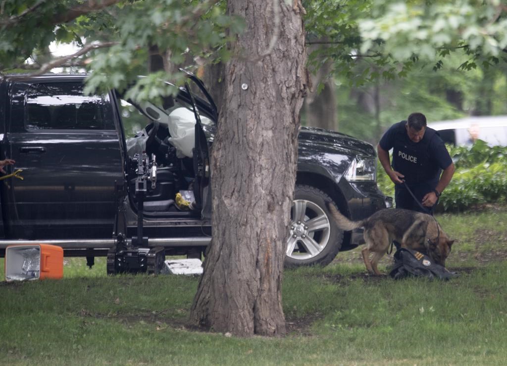 An RCMP officer works with a police dog at a pickup truck on the grounds of Rideau Hall in Ottawa, Thursday, July 2, 2020. THE CANADIAN PRESS/Adrian Wyld