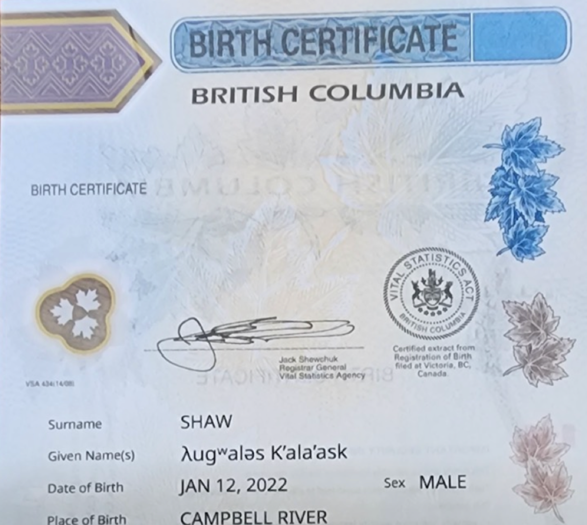 λugʷaləs Shaw is the first child to have his Indigenous name on his B.C. birth certificate