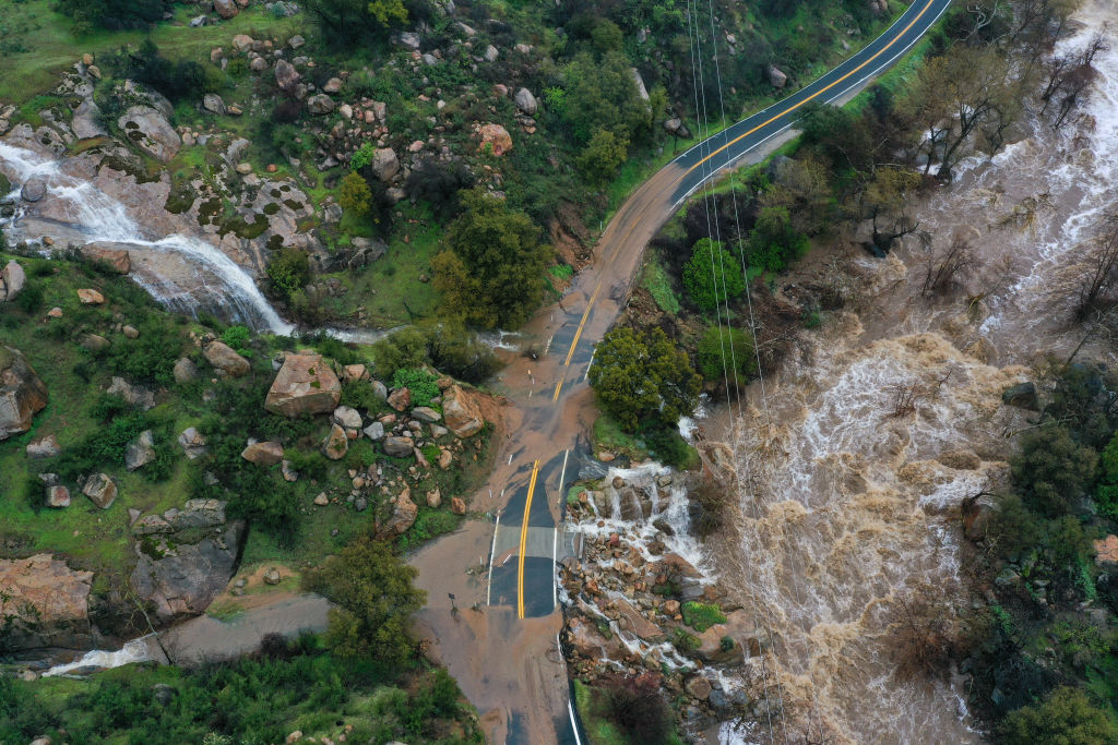 An aerial view of landslide on Highway 190 during heavy rain in Springville, Calif., on March 11, 2023.