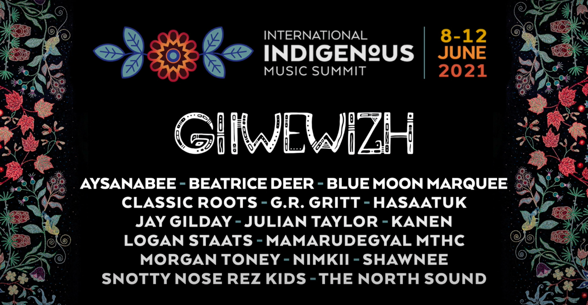 Poster for the International Indigenous Music Summit featuring Aysanabee.