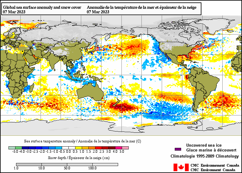 The effects of La Niña have clearly dissipated in this image from March 7, 2023.