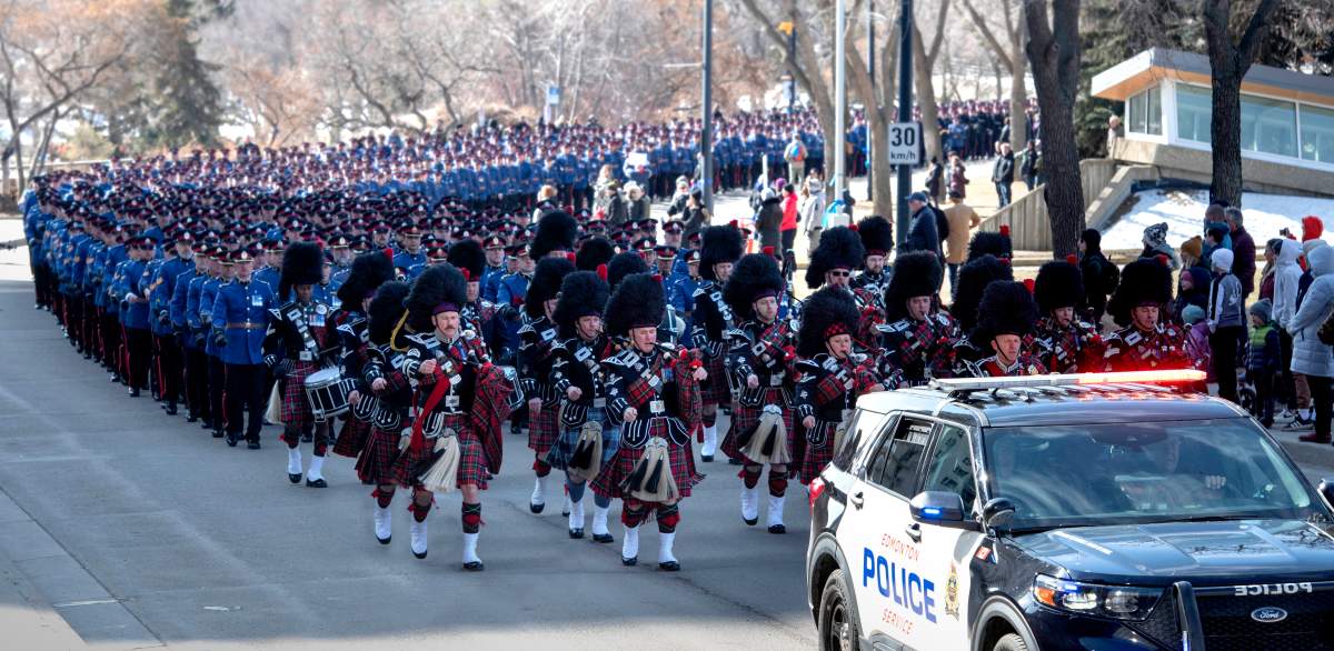 Thousands of police officers from across Canada gathered on the south lawn of the Alberta Legislature on Monday, March 27, 2023 to march in Regimental Funeral procession for EPS Constables Travis Jordan and Brett Ryan.